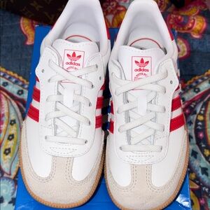 Adidas Samba Toddler Size 10 White and Red Sneakers with Tan Accents